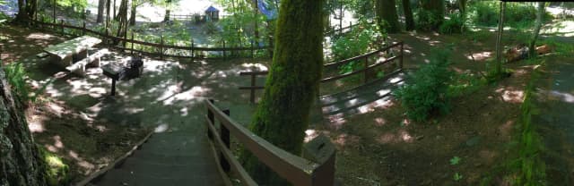 Picture of picnic table, fire ring, BBQ grill and tent pad.