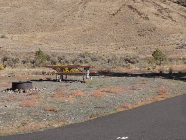 Parking pad, picnic table and fire ring at Big Pines Campsite #12