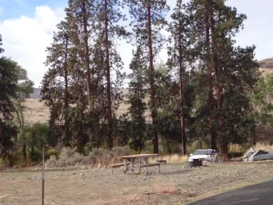 Parking pad, picnic table and fire ring at Big Pines Campsite #33