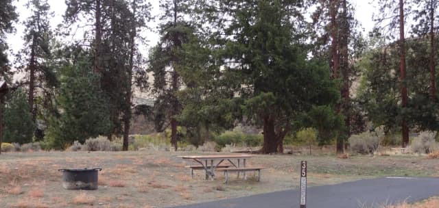 Parking pad, picnic table and fire ring at Big Pines Campsite #35