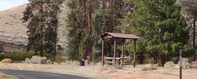 Parking pad, covered picnic table and fire ring at Big Pines Campsite #37