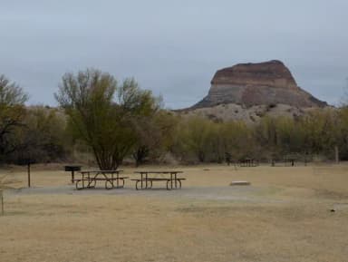 Flat, grassy campsite with desert bluff in background