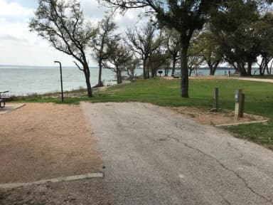 RV hookup area with Waco Lake in background