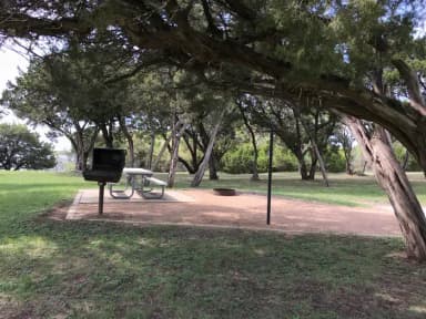 Picnic table, grill, and fire ring located at site