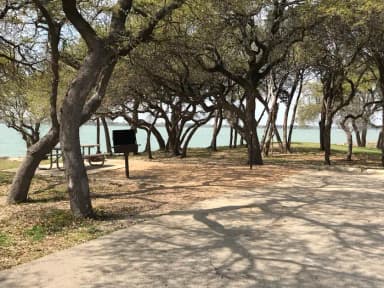 Picnic area at site with view of lake