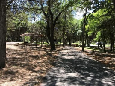 RV site with covered picnic table, grill, and fire ring