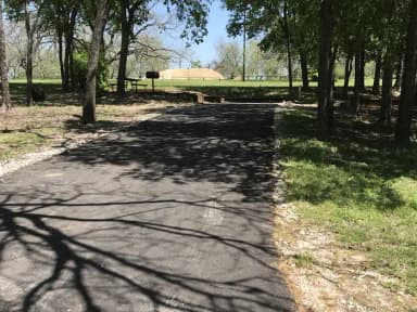 RV site with picnic table, grill, and fire ring