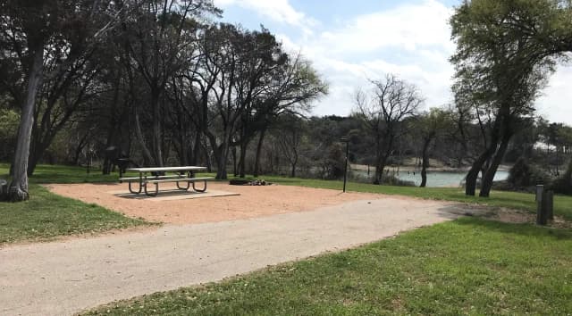 RV site with picnic table, grill, and fire ring