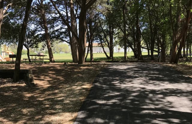 RV site with picnic table, grill, and fire ring