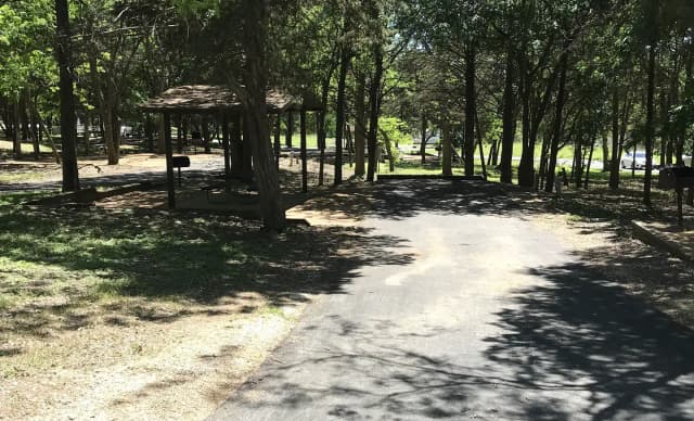 RV site with covered picnic table, grill, and fire ring
