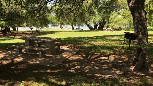 Tent site with picnic table, grill, and fire ring with Waco Lake in the background