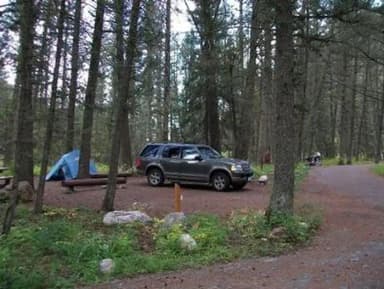 Cabin Creek Campground - Campsite surrounded by pine trees,  picnic table, fire ring, vehicle & tent, filed by the agency against 16 campsites at Cabin Creek Campground