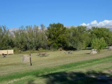 Flat, grassy, open area with picnic tables and bear boxes