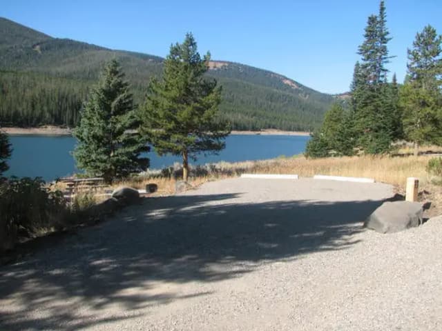 Site 5, campsite surrounded by pine trees, picnic table & fire ring