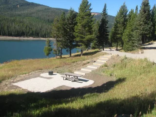 Site 12, campsite surrounded by pine trees, picnic table & fire ring