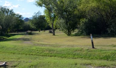 View of wide,grassy path leading from the parking site to the camping area