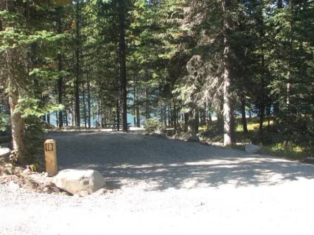 Site 18, campsite surrounded by pine trees, picnic table & fire ring