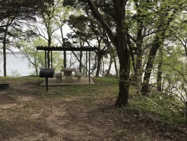 Covered picnic table, grill, and fire ring at site with Waco Lake in the background
