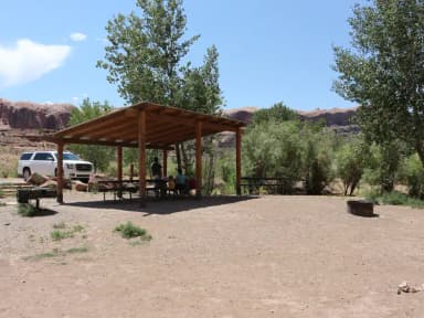 Goose Island Group Site A showing shade shelter, tent camping area, and fire ring.