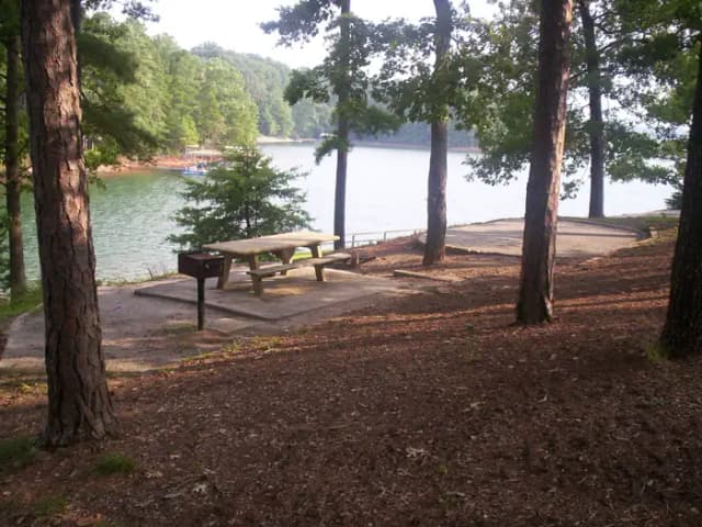 Water view, picnic table, flat tent site.