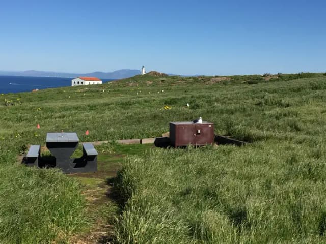 Picnic table and metal food storage box on terrace overlooking ocean, two buildings and lighthouse.