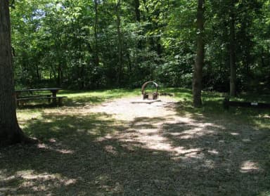 Campsite 1 showing parking spur, picnic table and fire ring
