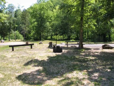Campsite 8 showing picnic table, lantern post and fire ring.