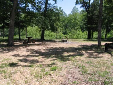 Campsite 9 showing picnic table, lantern post and fire ring.