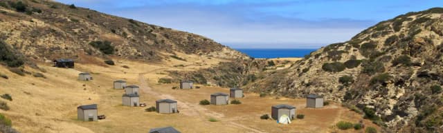 Eight foot tall wind shelters on a dry, grassy terrace overlooking the ocean