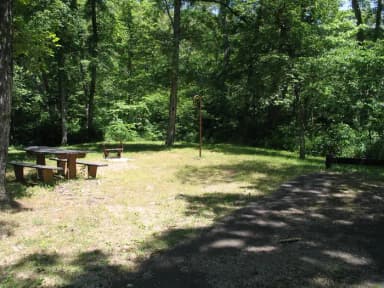 Campsite 16 showing parking spur, picnic table, lantern post and fire ring.