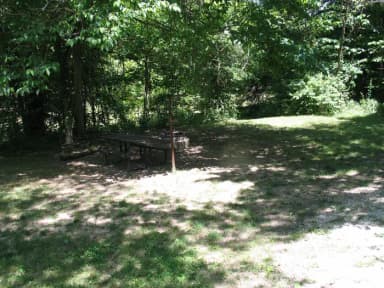 Campsite 28 showing picnic table lantern post and fire ring.