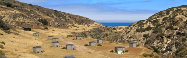 Eight foot tall wind shelters on a dry, grassy terrace overlooking the ocean.