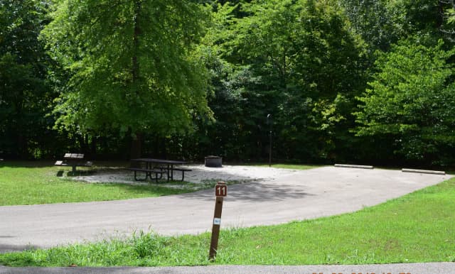Campsite 11 showing parking spur, picnic tables lantern post and fire ring
