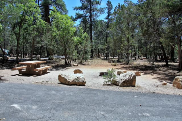 Parking spot, fire pit, and picnic table, Mather Campground
