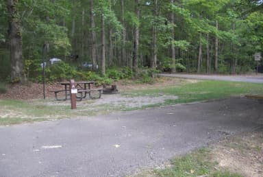 Picnic table and fire ring sitting on gravel pad next to paved parking spot.