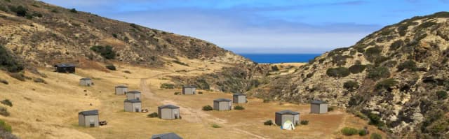 Eight foot tall wind shelters on a dry, grassy terrace overlooking the ocean.