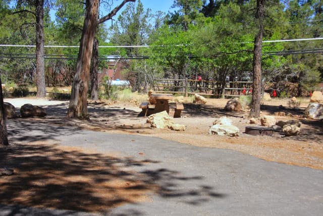 Picnic table, fire pit, and parking spot, Mather Campground