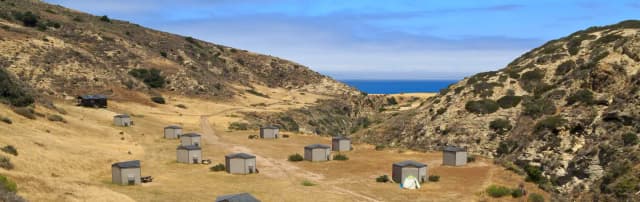 Eight foot tall wind shelters on a dry, grassy terrace overlooking the ocean.
