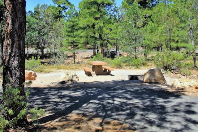 Picnic table, fire pit, and parking spot, Mather Campground