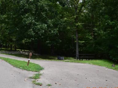 Campsite 17 showing pull thru parking, picnic table and fire ring