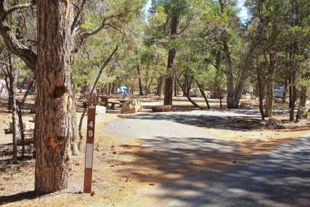 Picnic table, fire pit, and parking spot, Mather Campground