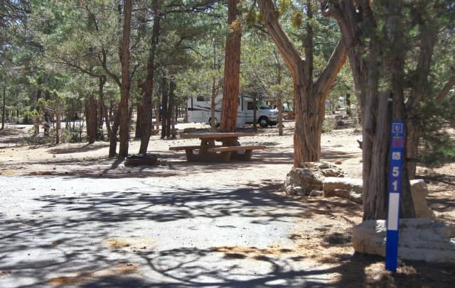 Picnic table, fire pit, and parking spot, Mather Campground