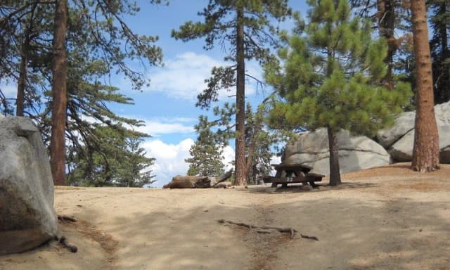 Boulder Basin campsite 22 with picnic table and fire pit.
