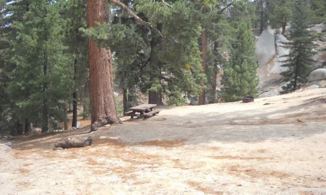 Boulder Basin campsite 28 with picnic table and fire pit.