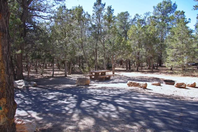 Picnic table, fire pit, and parking spot, Mather Campground