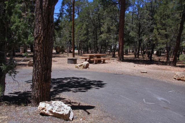 Picnic table, fire pit, and parking spot, Mather Campground