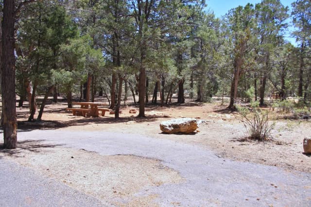 Picnic table, fire pit, and parking spot, Mather Campground