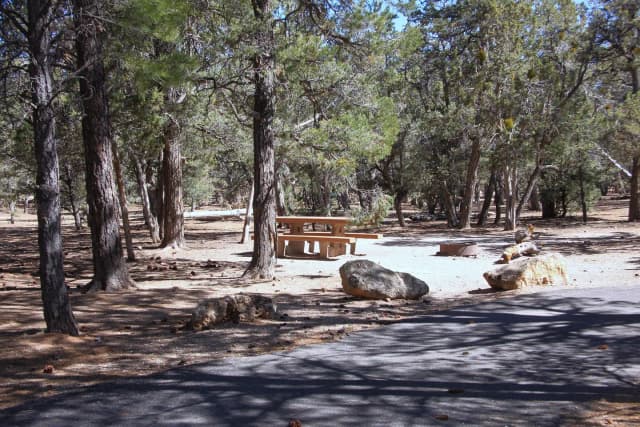 Picnic table, fire pit, and parking spot, Mather Campground