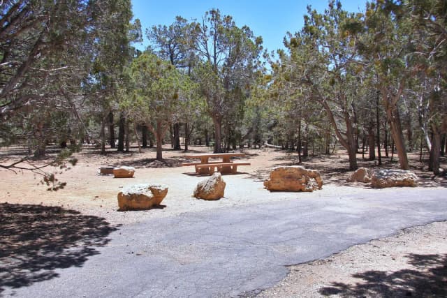 Picnic table, fire pit, and parking spot, Mather Campground