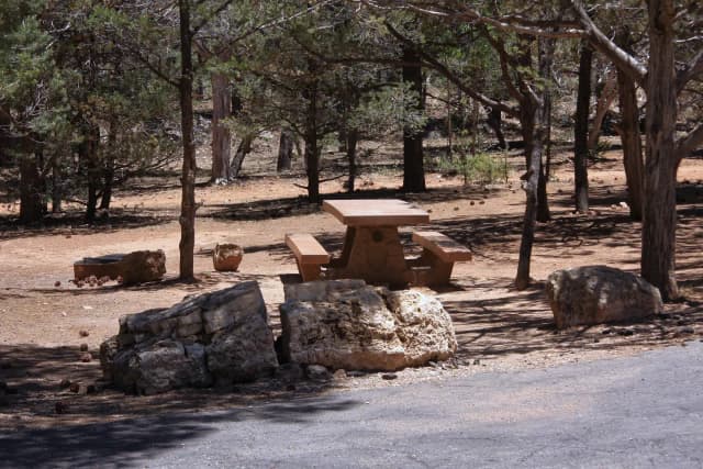 Picnic table, fire pit, and parking spot, Mather Campground